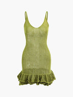 Open Knit Crochet Cami Mini Dress With Ruffle Hem