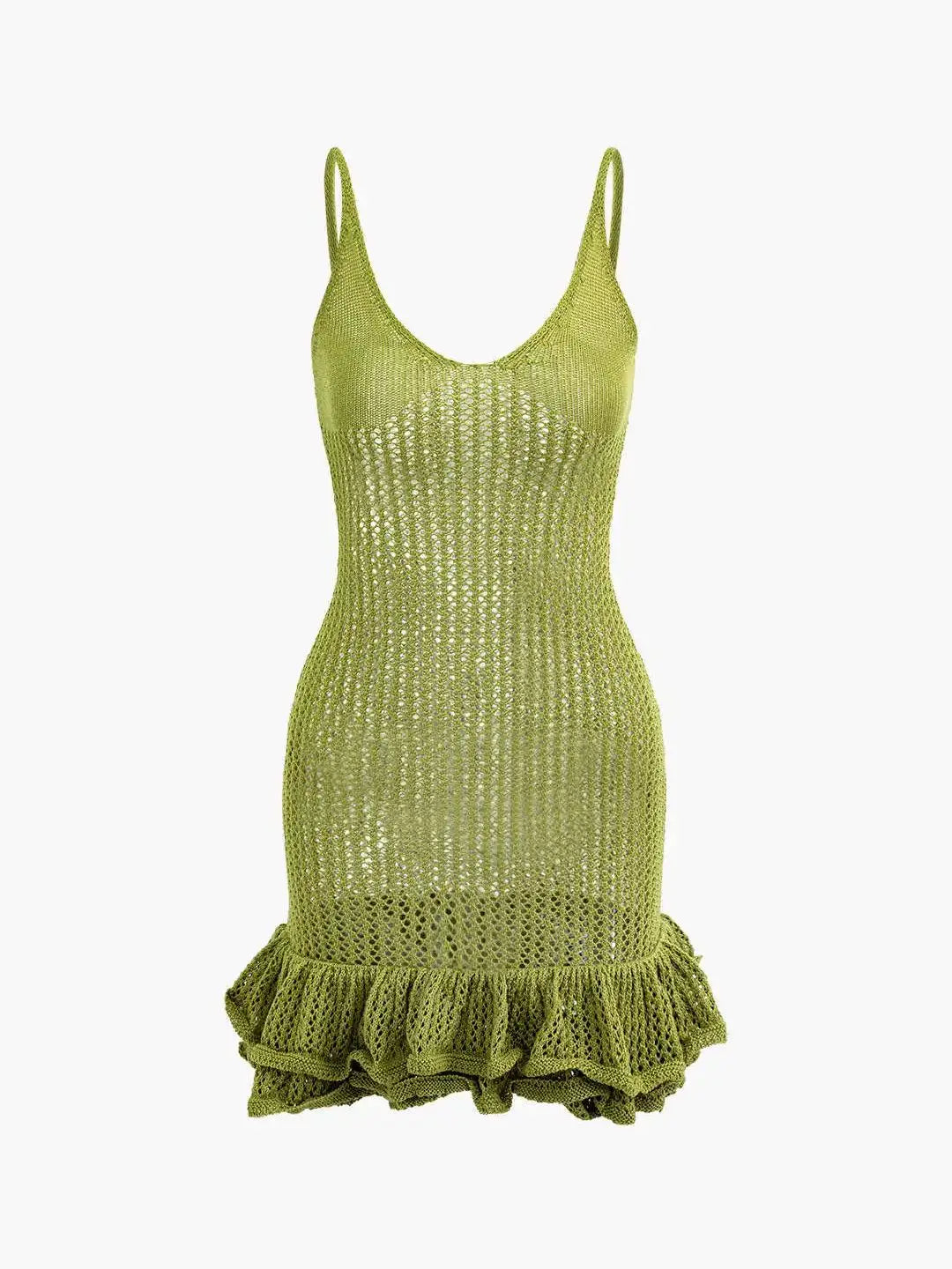 Open Knit Crochet Cami Mini Dress With Ruffle Hem