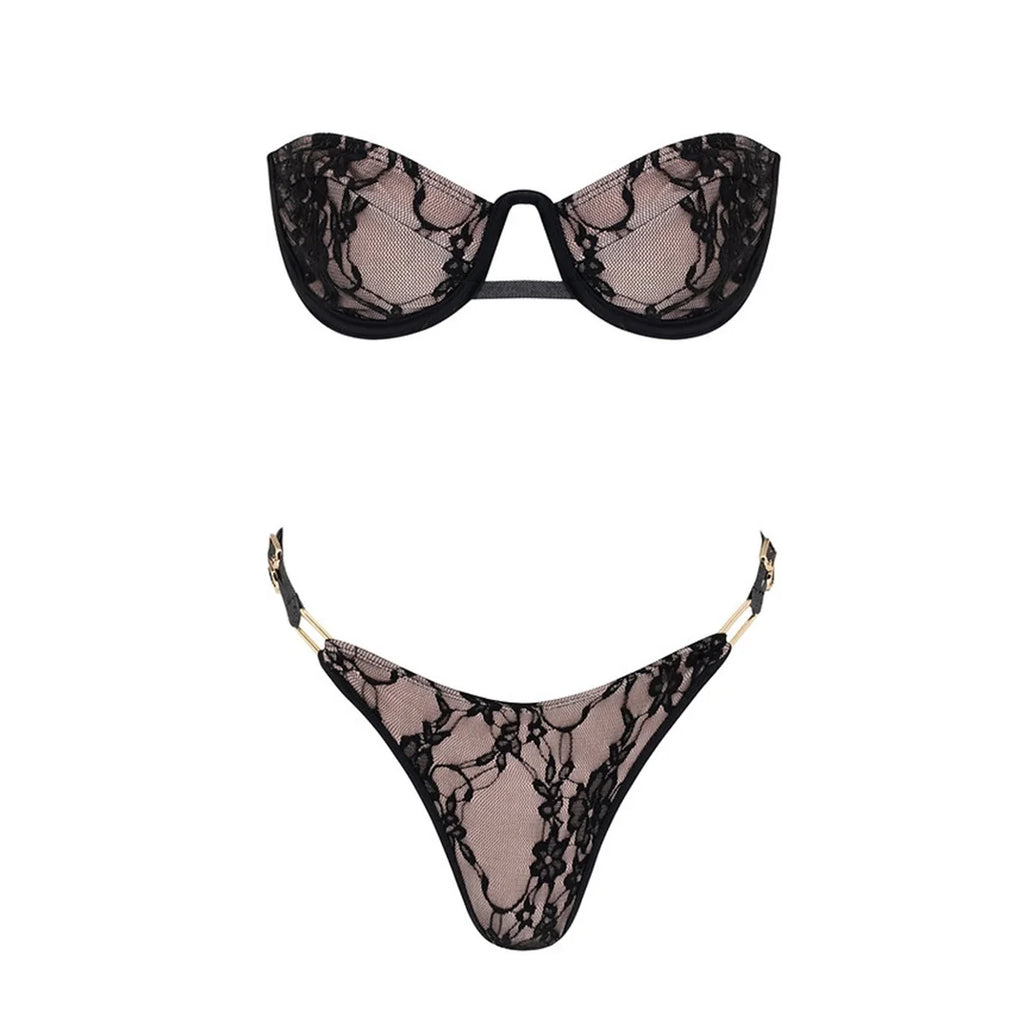 Black Hollow Lace Bandeau Bikini With Push Up