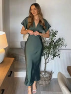 Elegant l Solid Satin Midi Dress With V Neck And Short Sleeves