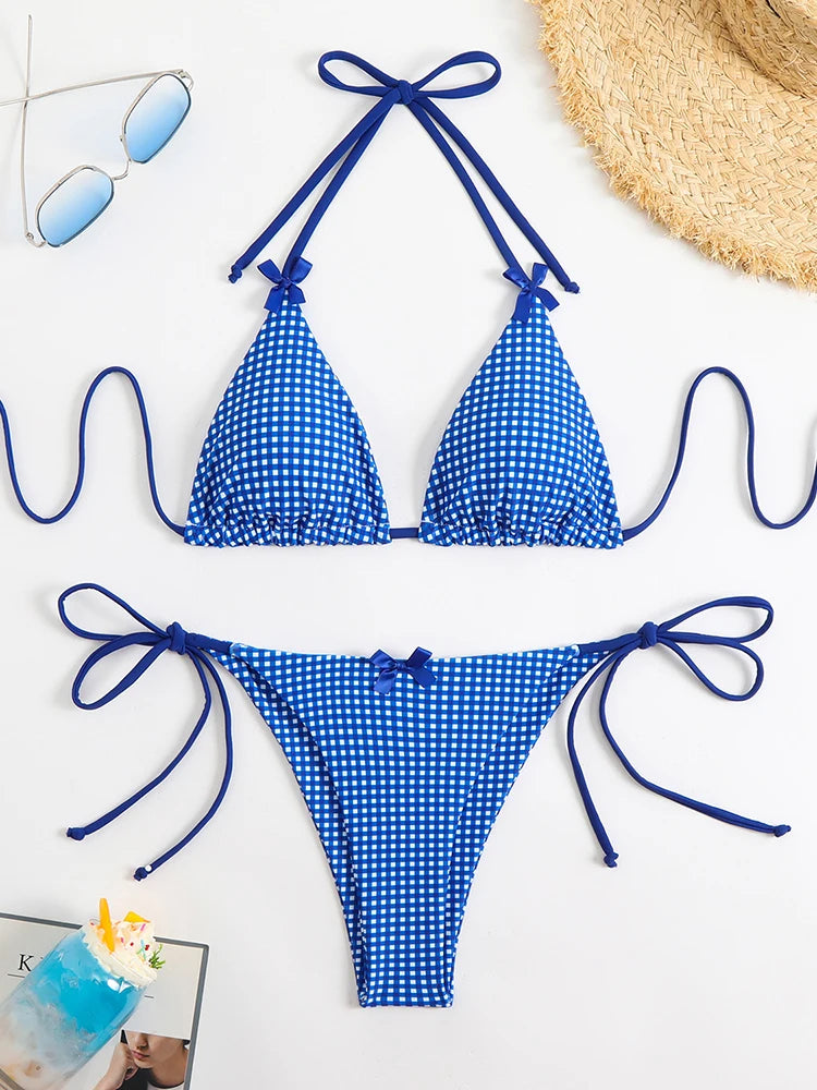 Plaid Dot Swimsuit With Neck Bow Tie Vintage Beachwear