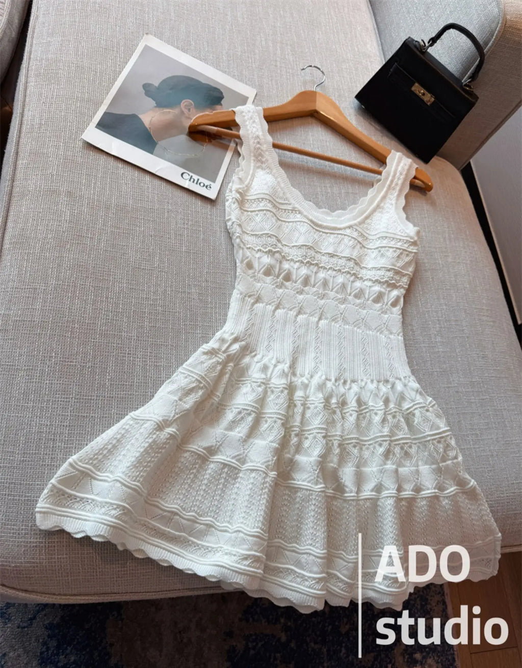 A Line Dress With Ruffled Knitted Vest For Women French Style