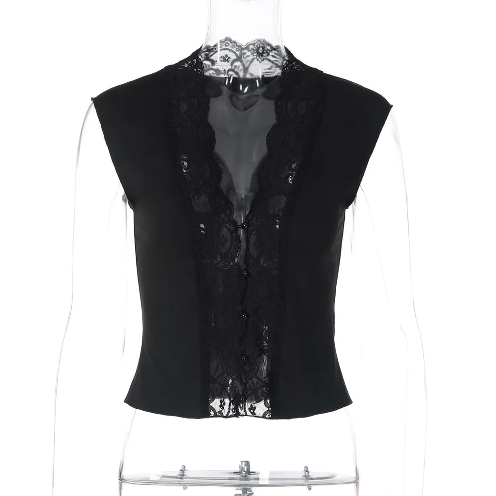 Flirty Lace Sheer V Neck Sleeveless Crop Top With Button Front Slim Fit