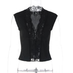 Flirty Lace Sheer V Neck Sleeveless Crop Top With Button Front Slim Fit
