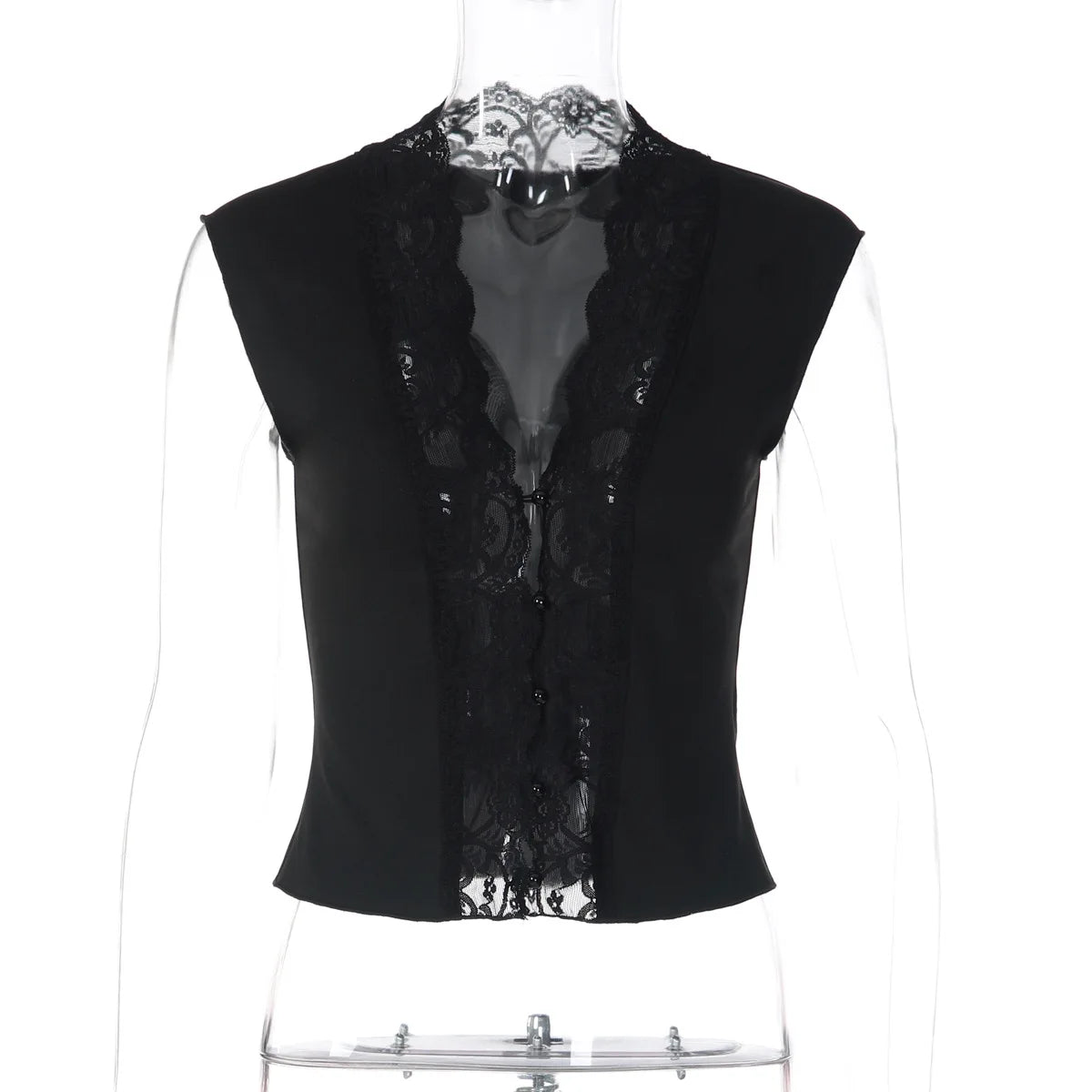 Flirty Lace Sheer V Neck Sleeveless Crop Top With Button Front Slim Fit
