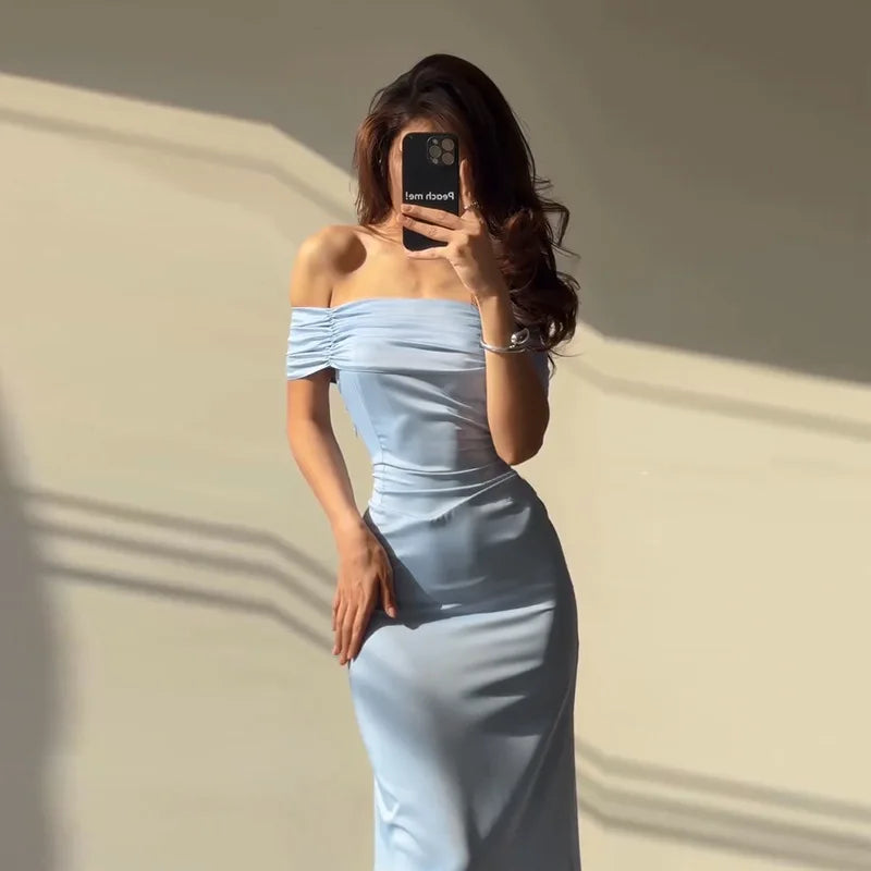 Retro Off Shoulder Satin Dress With Panel Back A Line Silhouette Long