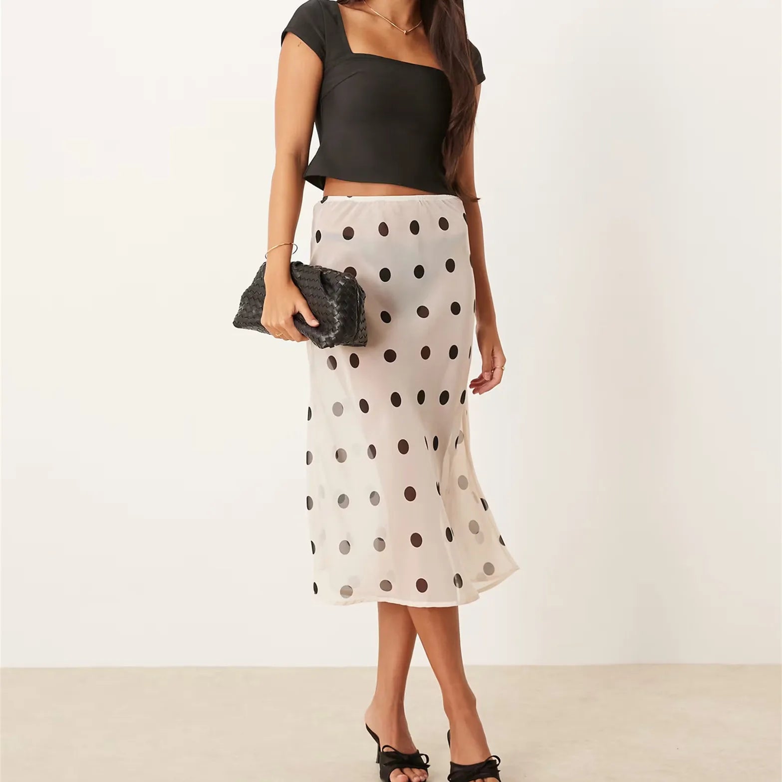 Polka Dot Sheer Midi Skirt With Mesh Details Flowy Maxi