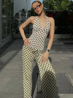 Polka Dot Halter Tank Top With Backless Lace Up Detail Chic Summer