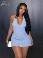 Halter V Neck Backless Knit Mini Dress For Women Figure Flattering Fit