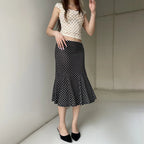 Black Polka Dot Print Midi Skirt With Low Waist Lightweight Knit