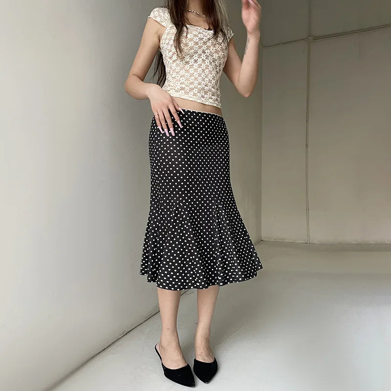 Black Polka Dot Print Midi Skirt With Low Waist Lightweight Knit
