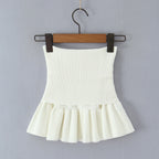 Y2K Women Roll Down Rib Knitted Hem Ruched Pleated Mini Skirt Elastic Waist Hips A-line Skirt