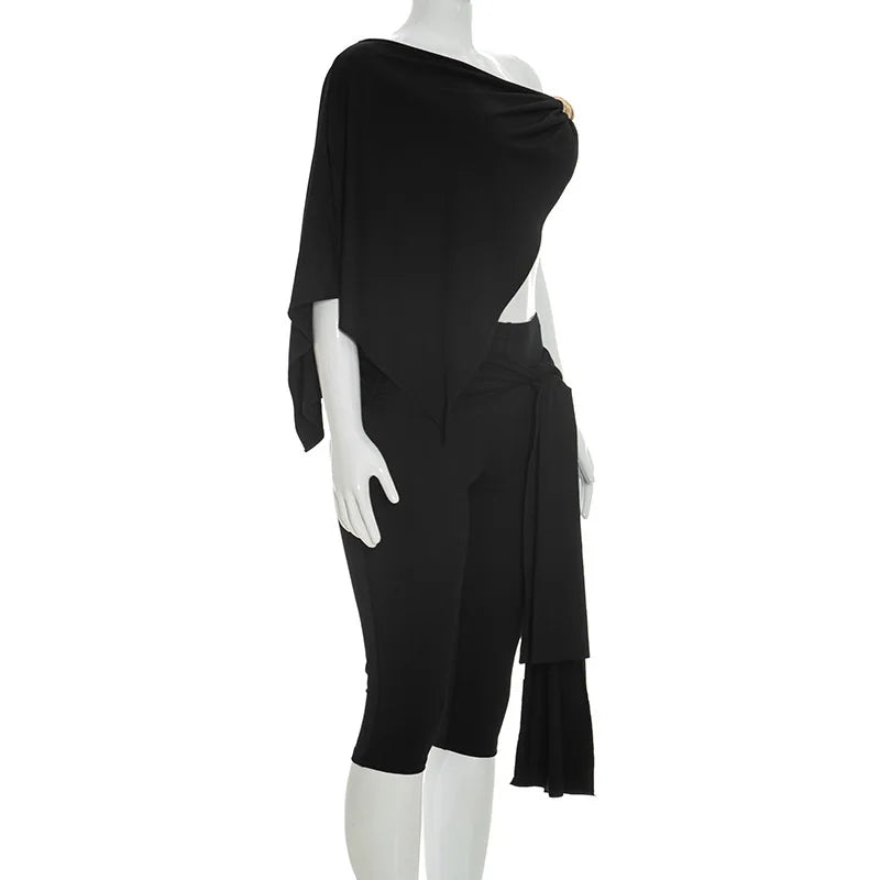 Irregular One Shoulder Crop Top And Capri Pants Set