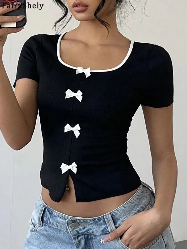 Square Neck Short Crop Top With Bow Black Bodycon Silhouette