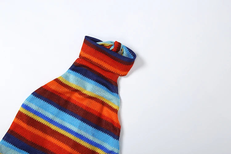 Stripe Patchwork Bodycon Mini Dress Halter Backless Off Shoulder