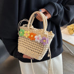 Straw Woven Shoulder Bag With Floral Details