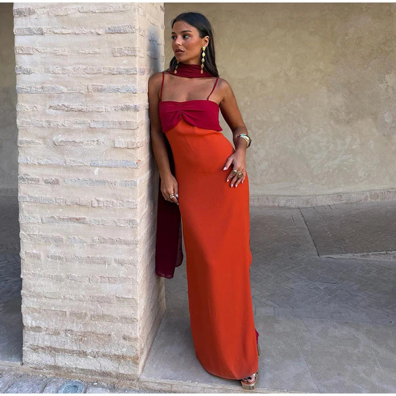 Orange Color Blocking Scarf Collar Maxi Dress For Lady Sleek Cinched Waist Bodycon Silhouette