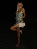 Sequined Tassel Halter Dress With Fur Fringe Backless V Neck