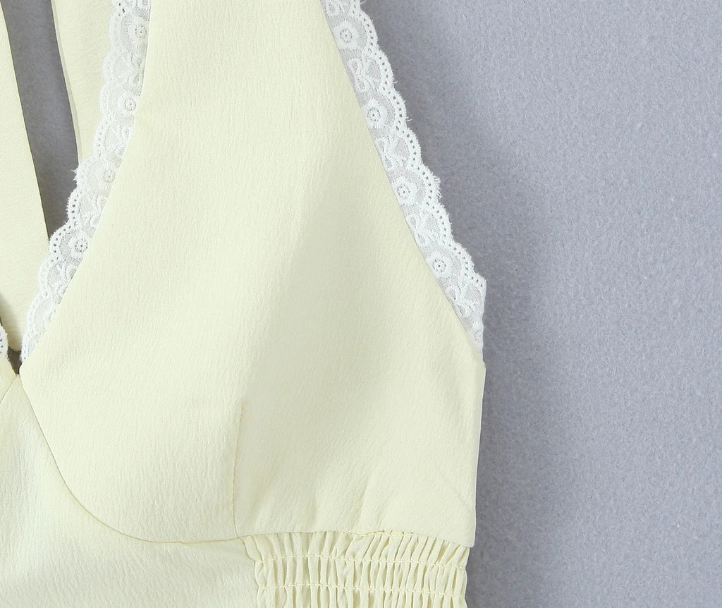 Sweet Girl Sexy Backless Halter White Lace Trim Fitted Crop Top