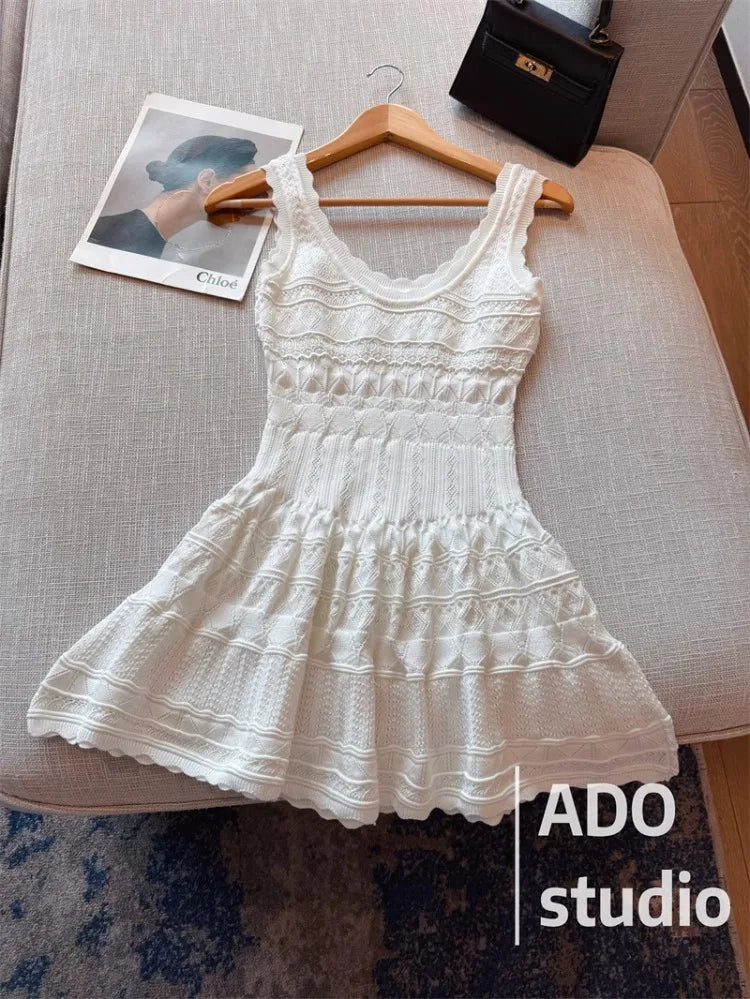 A Line Dress With Ruffled Knitted Vest For Women French Style