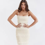 Elegant Formal Beige Slim Maxi Spaghetti Strap Wed Bride Dress