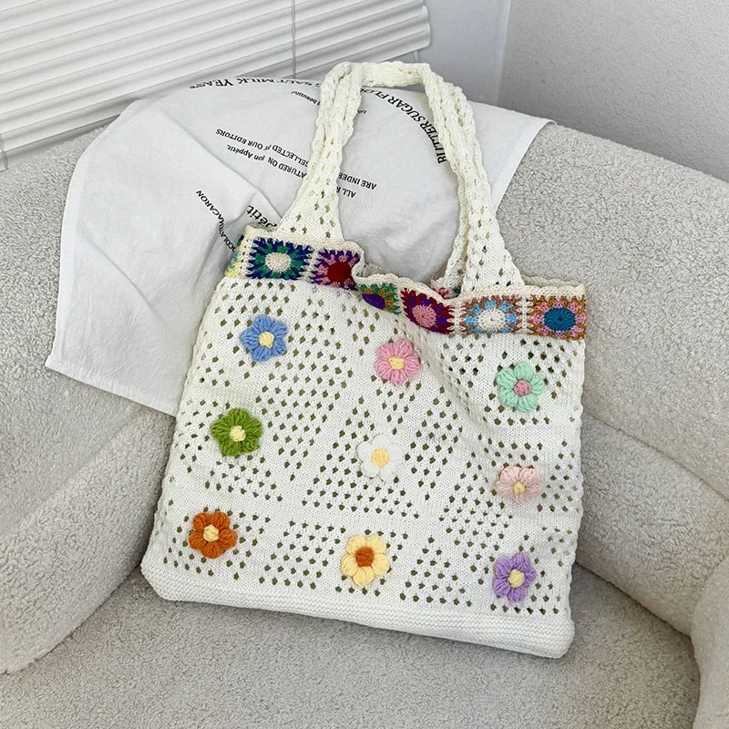 Boho Knitting Shoulder Bag With Floral Crochet