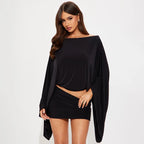 Sexy Slash Neck Two Piece Set With Flare Sleeve Top And Peach Skirt