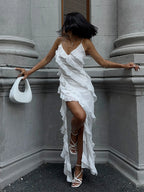 Elegant Lace V Neck Spaghetti Strap Maxi Dress Slit