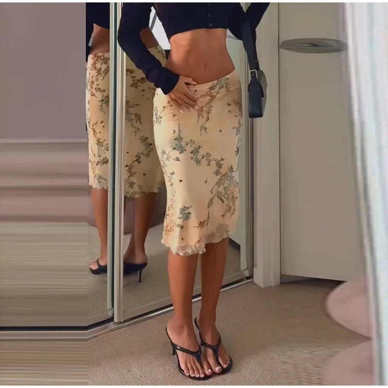 Floral Print Strapless Tassel Crop Top With Low Waist Midi Skirt Set