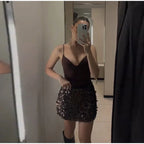 Beaded Sequin Two Piece Set Sleeveless Backless Crop Top And Mini Skirt Glam Outfit