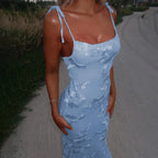 Women Thin Shoulder Straps Tied Long Cami Dress Sleeveless Low Cut Tie Up Flower Embroidery Mermaid Sundress