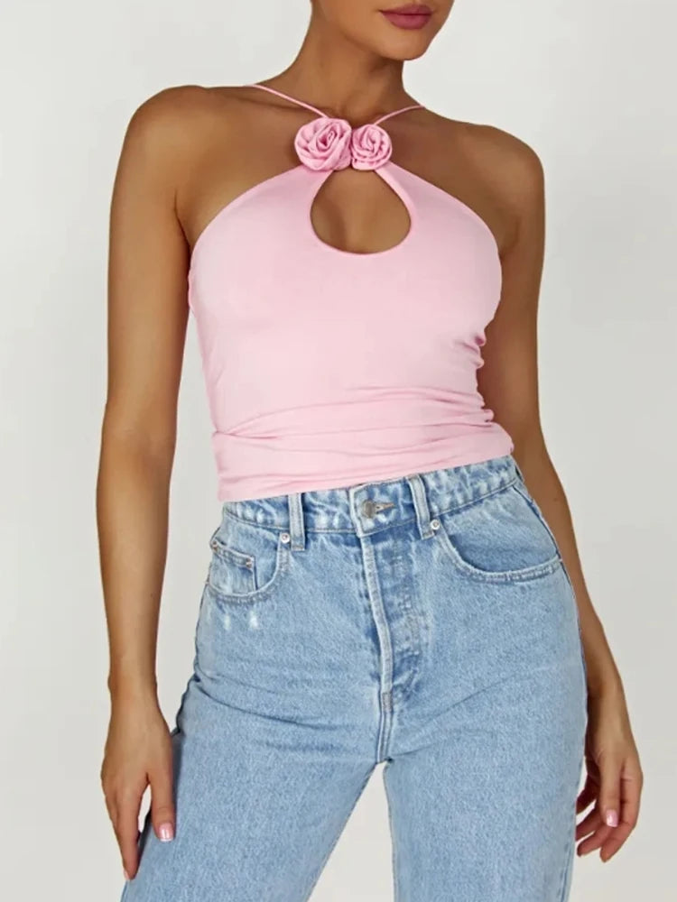 Pink Floral Halter Tank Top Sleeveless