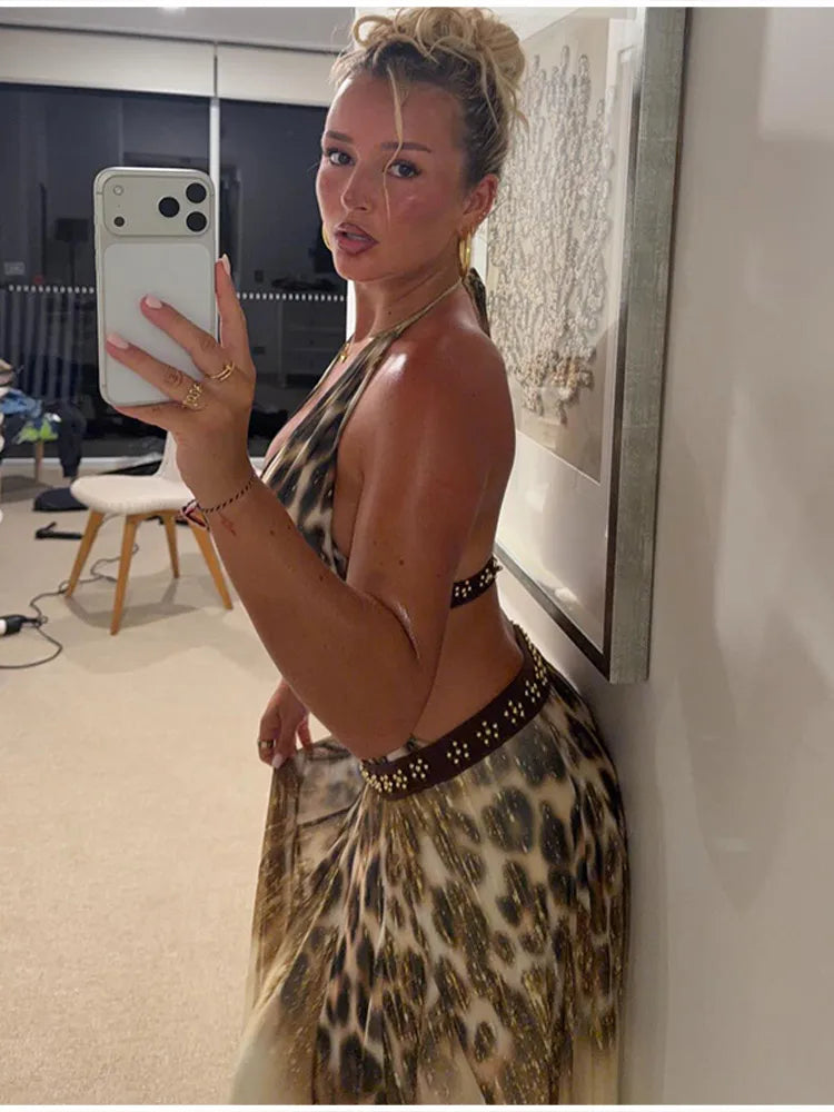 Leopard Print Halter Mini Dress With V Neck Backless Silhouette Sleek Bodycon