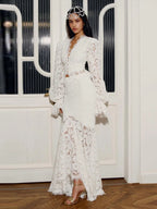 Delicate Lace V-Neck Peplum Top With Flare Sleeves And High Waist Mermaid Hem Elegant Evening Set