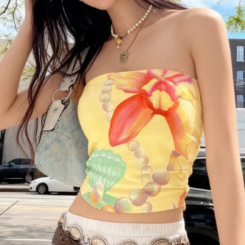 Floral Tube Top With Off Shoulder Silky Sleeveless