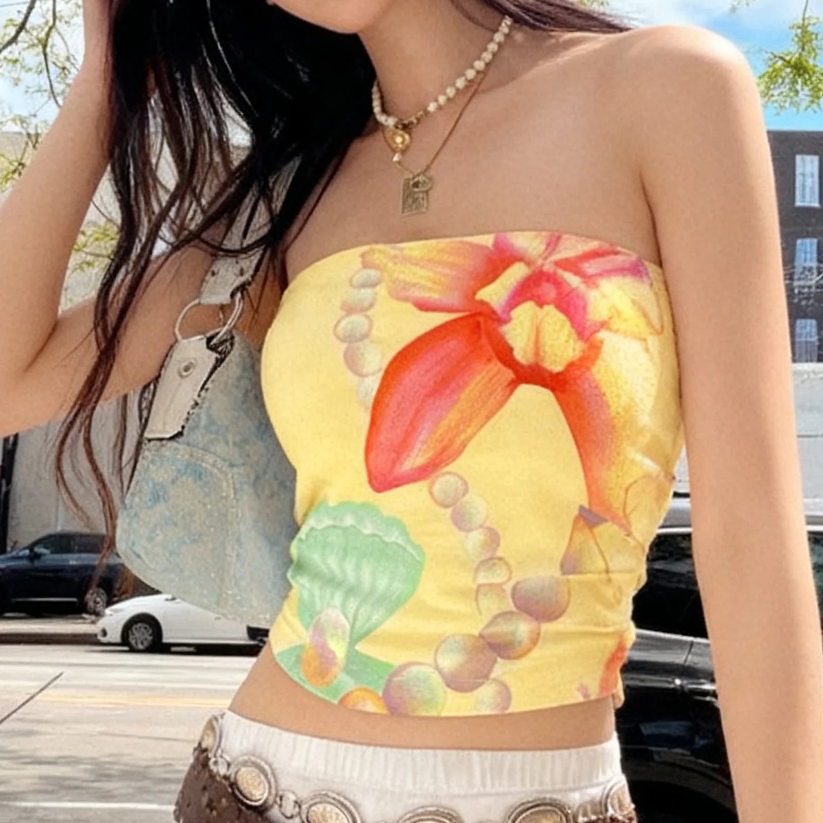 Floral Tube Top With Off Shoulder Silky Sleeveless
