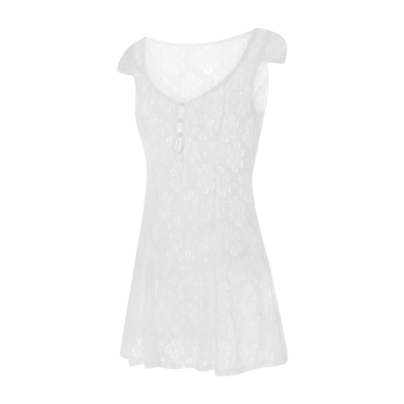 Sheer Lace Mini Dress With V Neck Short Sleeves Hollow Details