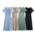 Elegant l Solid Satin Midi Dress With V Neck And Short Sleeves