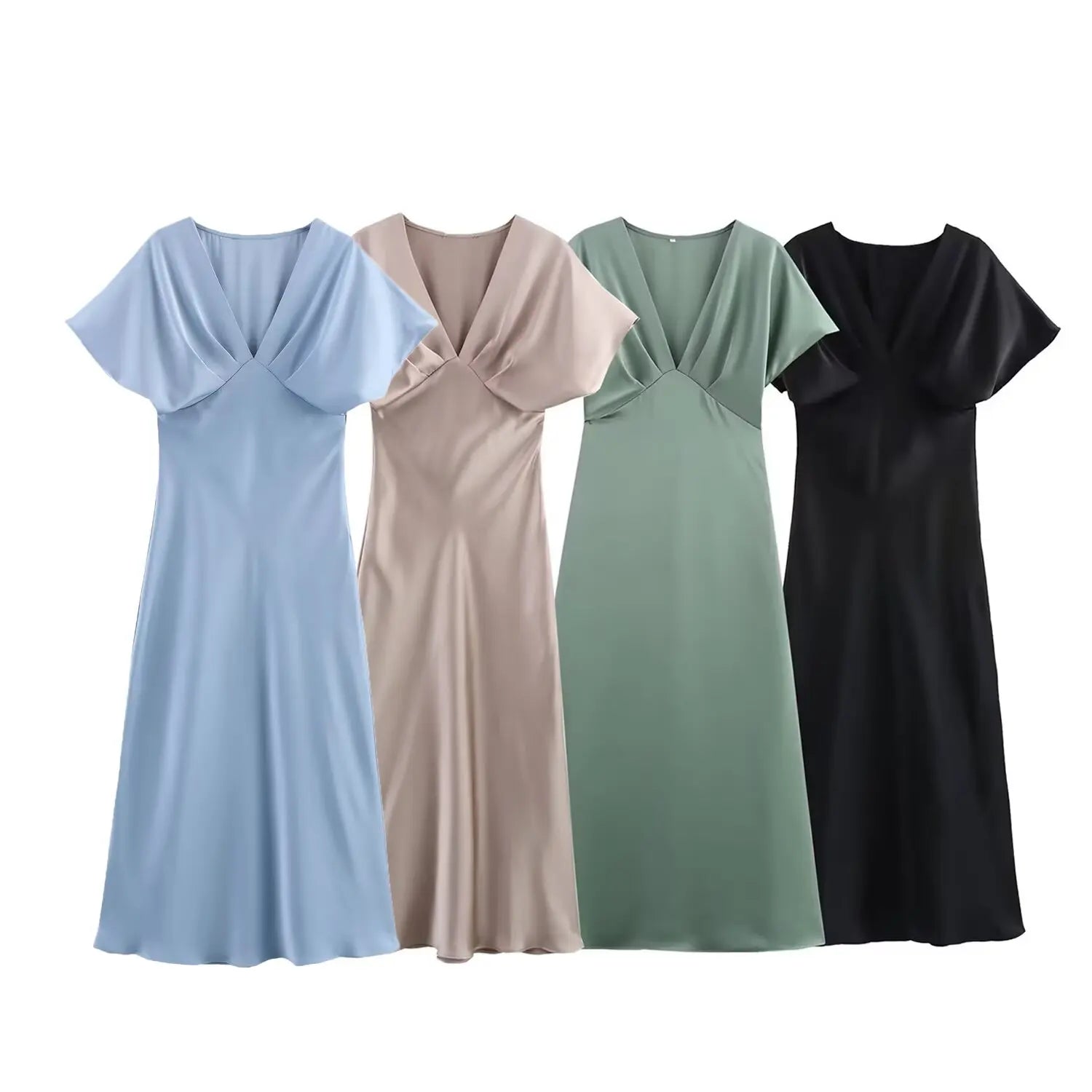 Elegant l Solid Satin Midi Dress With V Neck And Short Sleeves