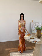 Floral Maxi Dress With Backless Design V Neck Halter Dress