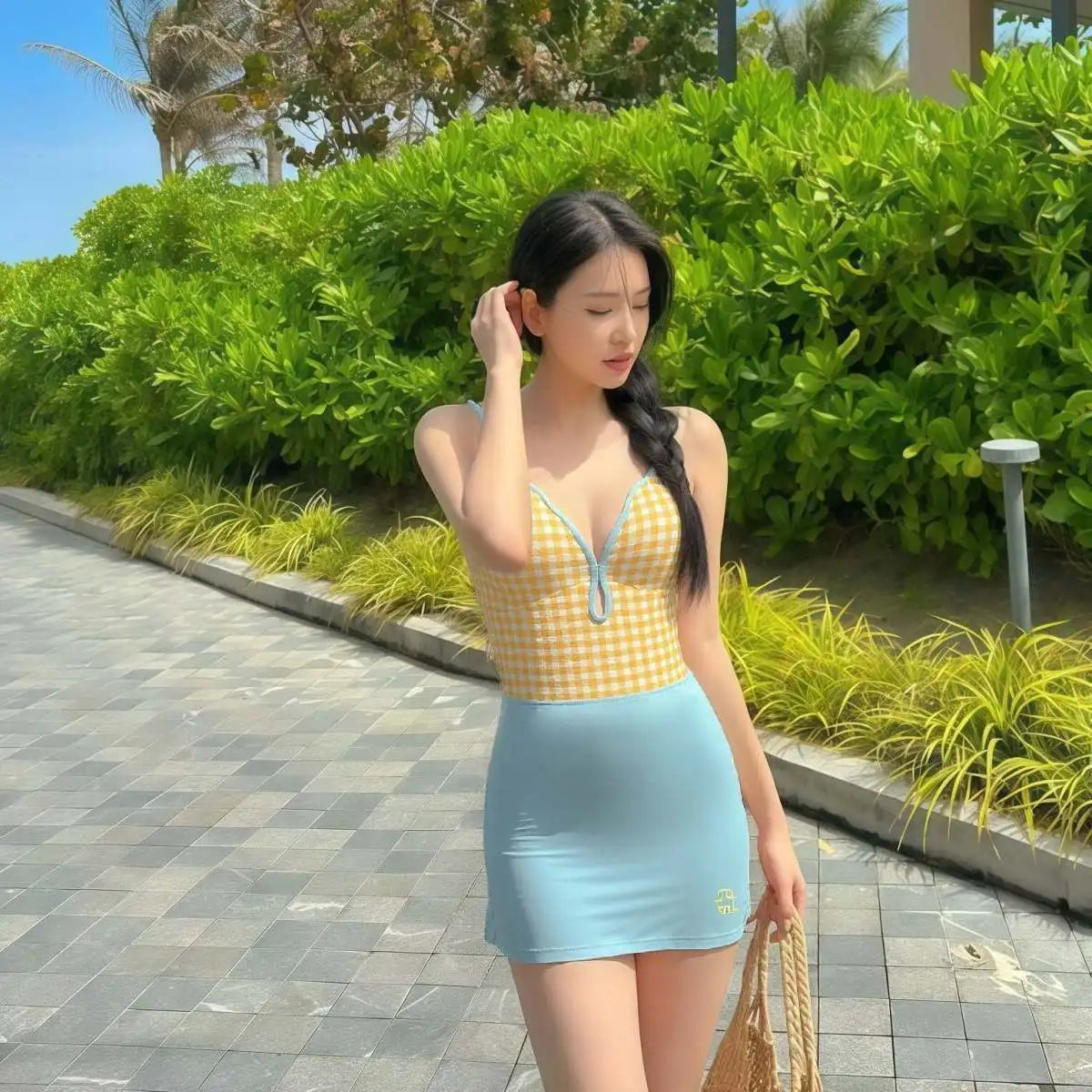 Sunny Gingham Spaghetti Strap V Neck One Piece Swimsuit With Lace Up Detailing And Light Blue Cover Up Skirt