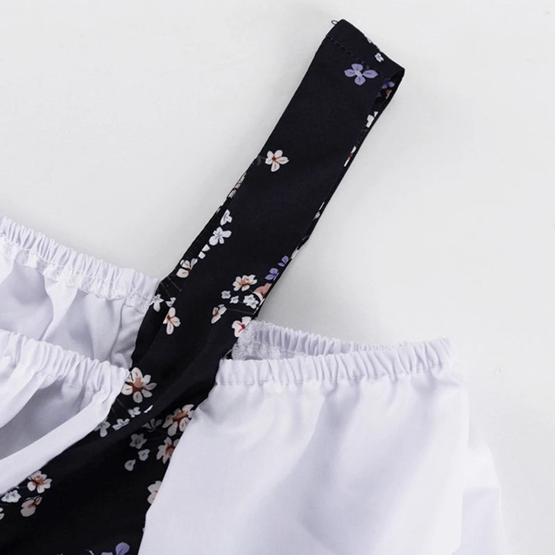 Floral Patchwork Mini Dress With Off Shoulder Square Collar Two Piece Look A Line