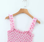 Flower Print Corset Ruched Elastic Body Sling Mini Square Collar Ruffles Hem Dress