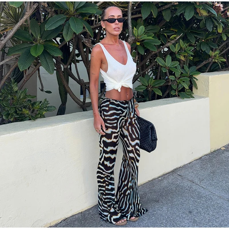 Zebra Print Sheer Chiffon Set With V Neck Tank And Wide Leg Pants