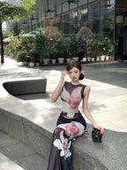 Floral Print Mesh Two Piece Set Slim Fit Sleeveless Top And Hip Skirt