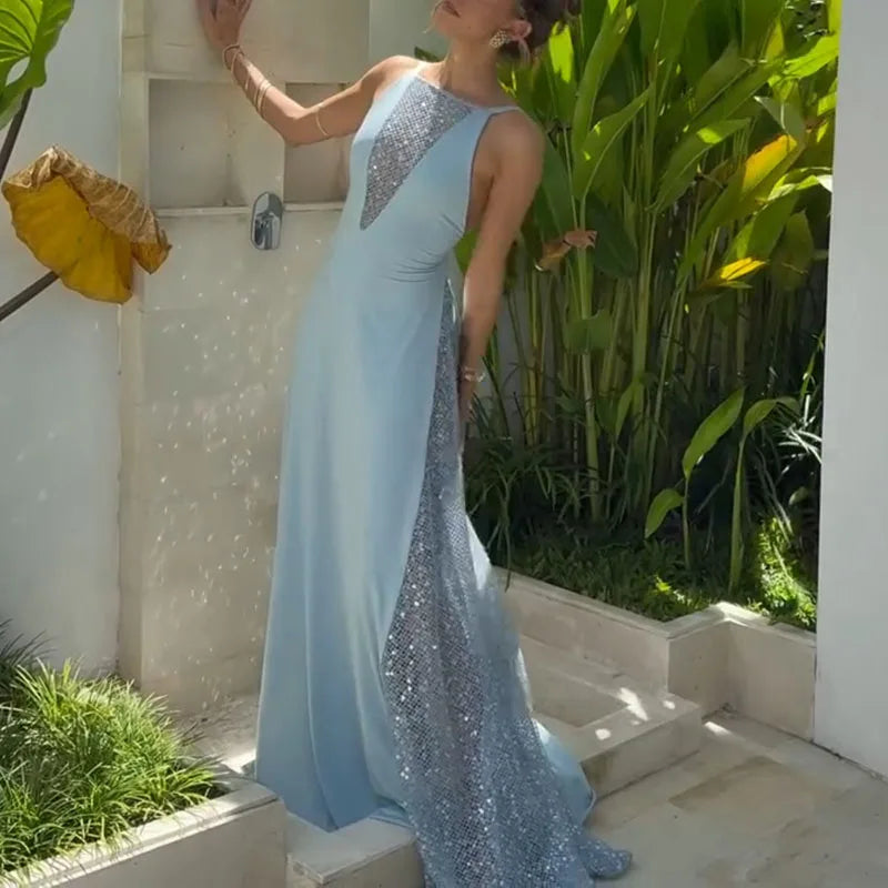 Elegant Sequin Mesh Evening Gown With Hollow Out Detailing In Floor Length Silhouette