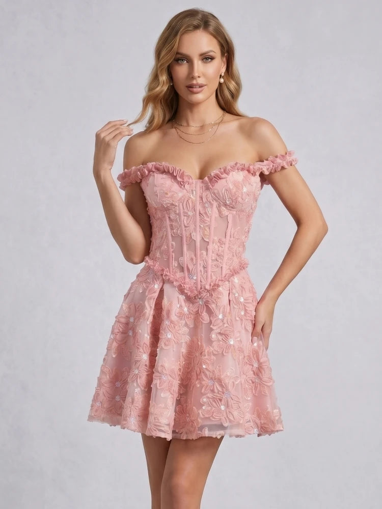 Off Shoulder Floral Embroidery Mini Dress With Delicate Ruffles Sleeveless And Backless