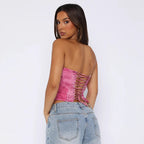 Strapless Printed Corset Top With Lace Up Details Hollow Out