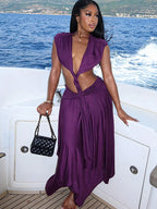 Purple Backless Patchwork Waistless Maxi Dress Irregular Hem