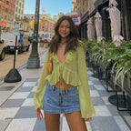 Chiffon Sheer Crop Tank Top With V Neck And Flare Sleeves